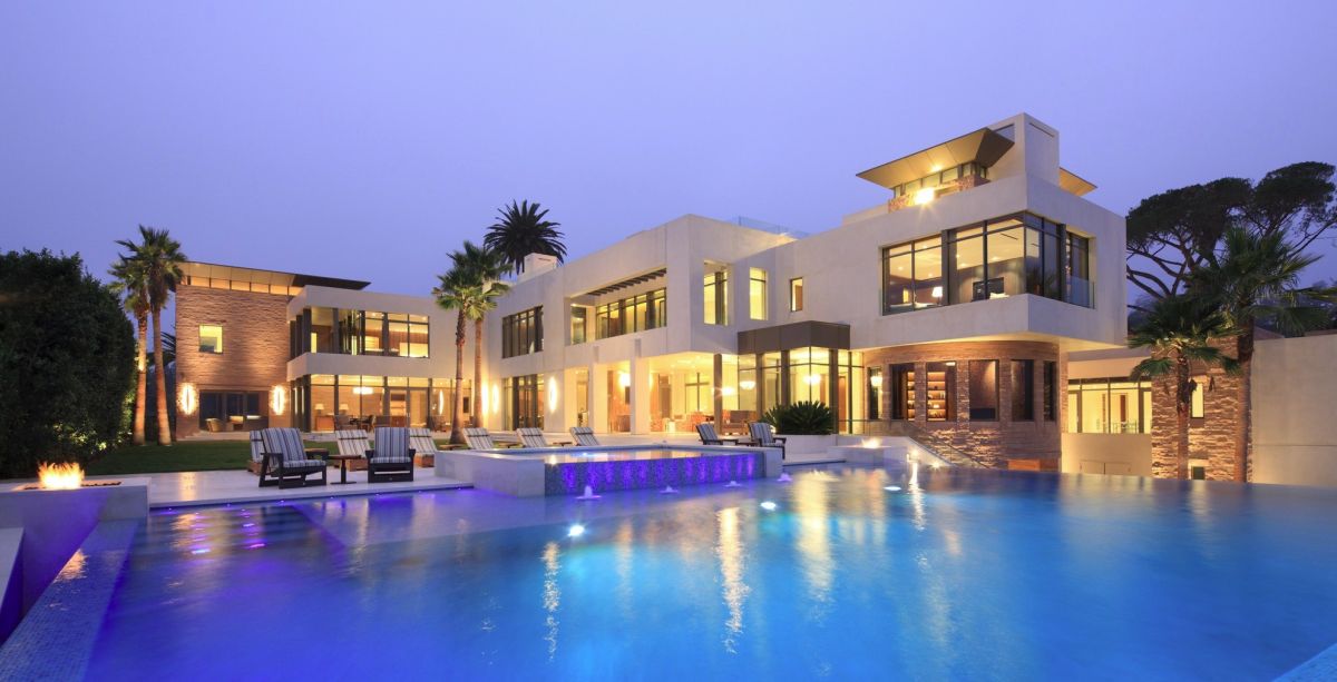 Contemporary hillside luxury estate pool view